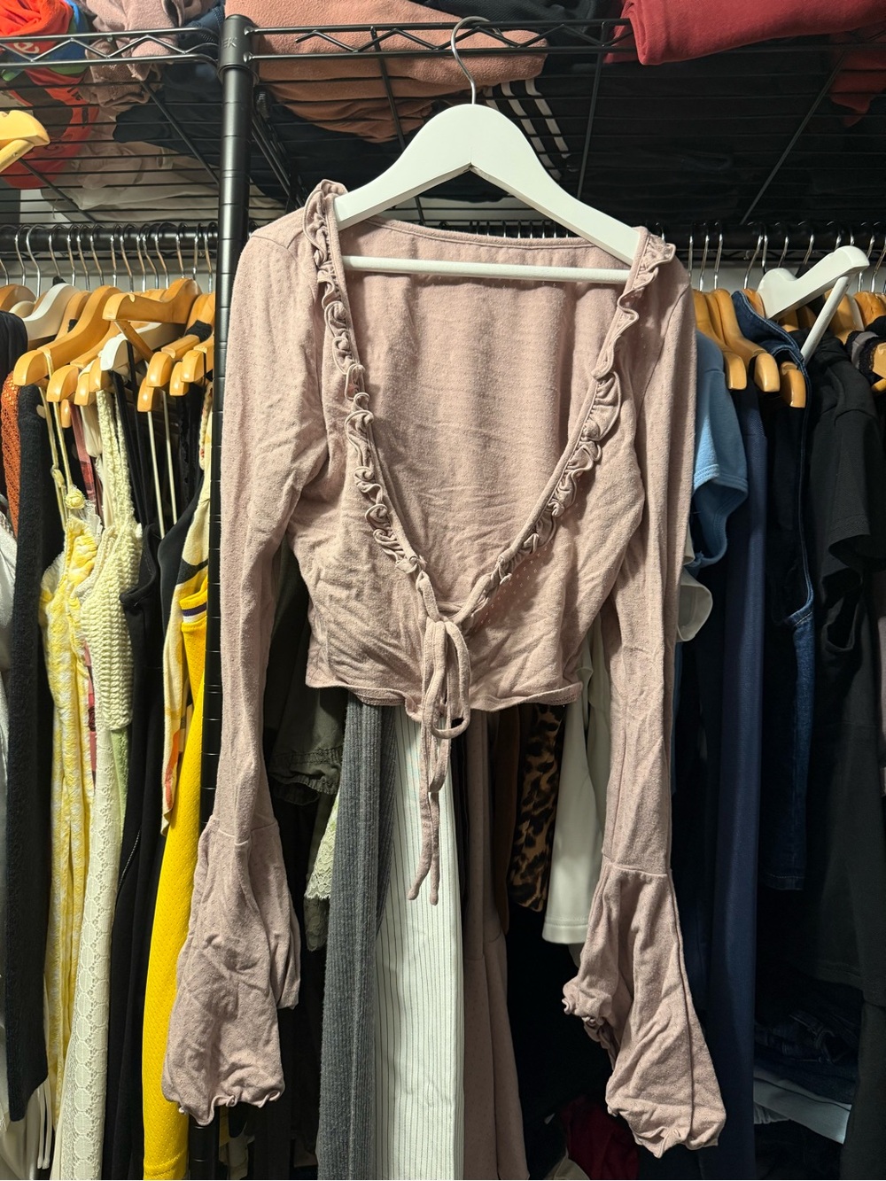 Ruffled Tie-Front Long-Sleeve Crop Top - Blush Pink